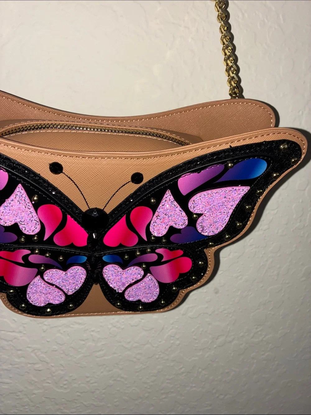 Betsey Johnson Tan Crossbody Bag with Purple, Pink and Blue Butterfly